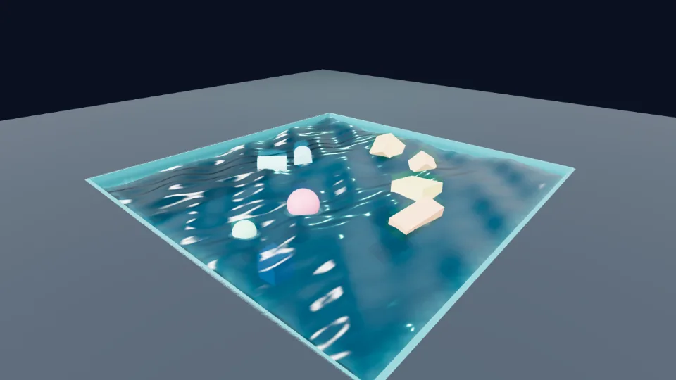 Pastel blocks and balls bobbing in a glassy rippled pool