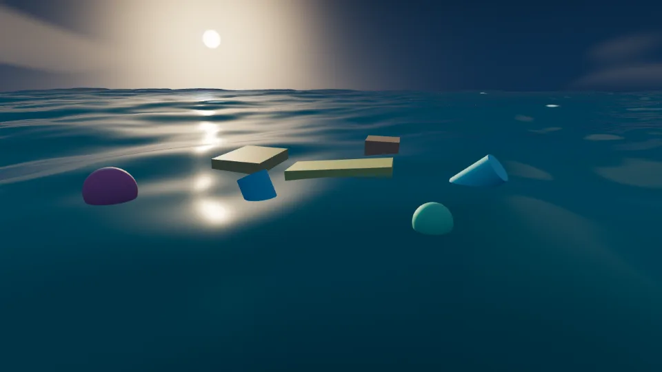Open sea at dusk with a sun glitter path and floating crates, barrels and buoys