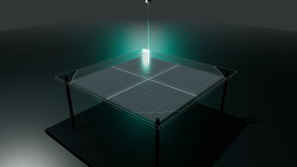 A water jet landing on a square glass plate, its thin film spread out to the rim