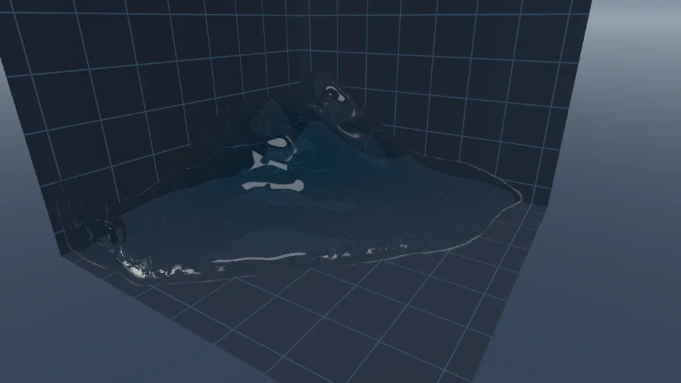A collapsing column of water running across a tiled tank, whitewater at its leading edge